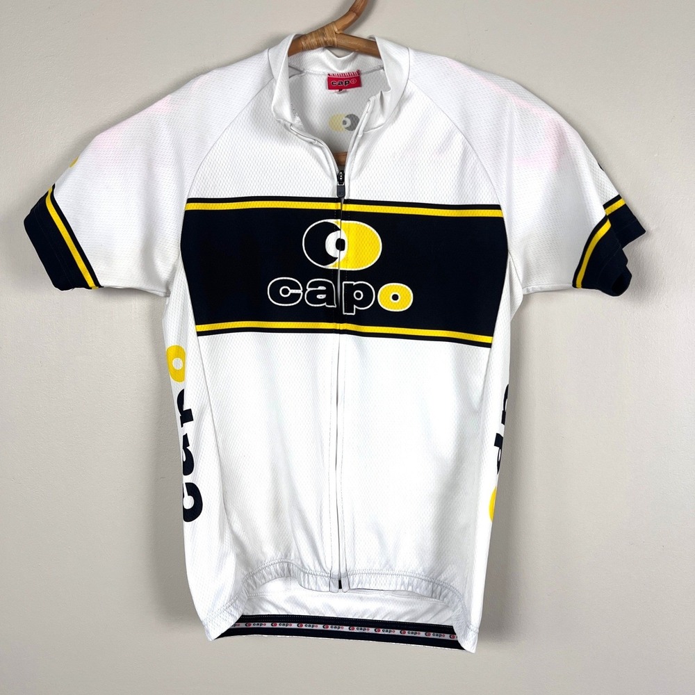 Capo Cycling Jersey Men‎ Medium Short Sleeve Full Zip White Black Yellow Bike